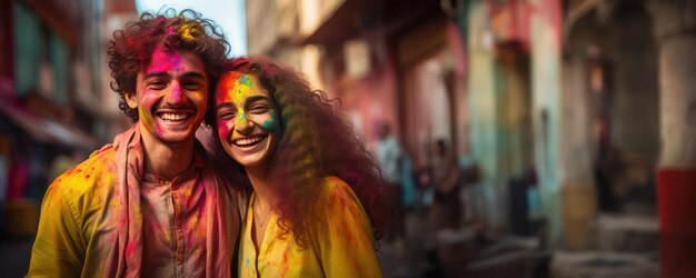 Een gelukkig echtpaar poseert voor een foto op een festival bedekt met kleurrijke verf