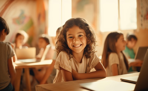 Een gelukkig en glimlachend schoolmeisje dat in de klas zit
