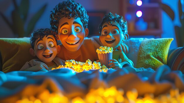 Foto een gelukkig gezin kijkt samen naar een film ze zitten op de bank en eten popcorn