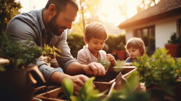 Een gelukkig gezin met kinderen houdt zich bezig met tuinieren door voor planten in hun achtertuin te zorgen