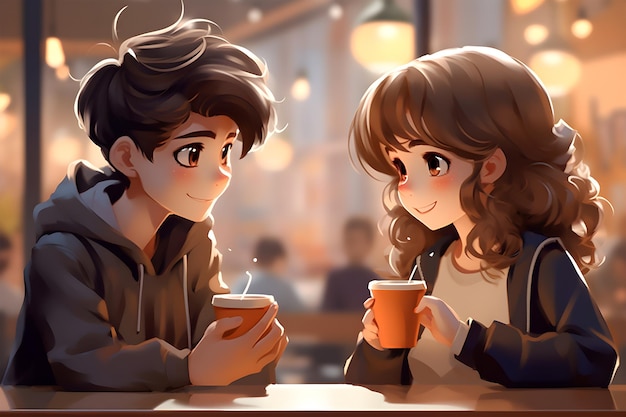 Een gelukkig jong echtpaar drinkt koffie en glimlacht terwijl ze in het café zitten.