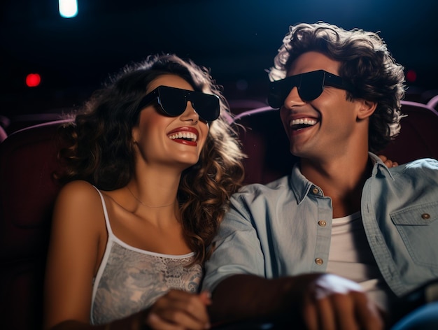 Een gelukkig jong echtpaar in de bioscoop die een opwindende film bekijkt