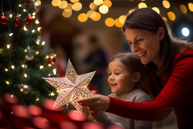 Een gelukkig jong meisje en haar moeder versieren een kerstboom met een ster met Generative AI