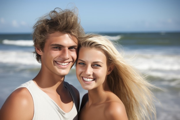 Een gelukkig jong stel op het strand gemaakt met generatieve AI