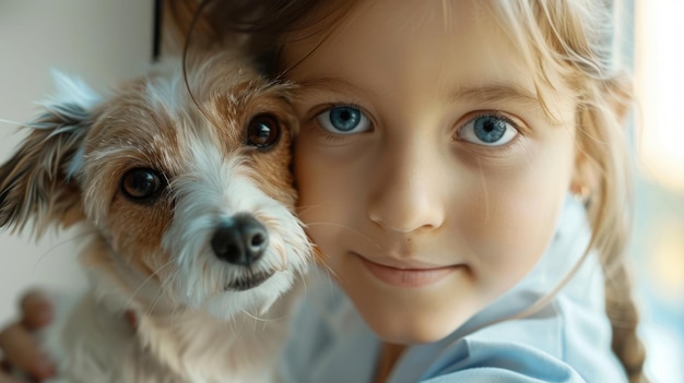 Een gelukkig klein meisje met een glimlach zit naast een hond bij het raam.