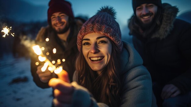 Foto een gelukkig koppel in winterkleding met een vonkel en delen een vreugdevolle moment samen's nachts