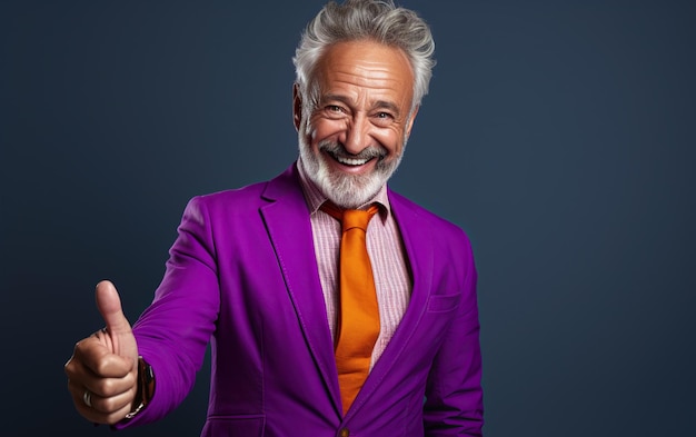Een gelukkig lachende senior man met duim omhoog kleurrijk gekleed op paarse achtergrond