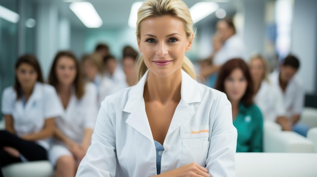 Een gelukkig lachende vrouwelijke arts tegen de achtergrond van andere artsen Portret van medisch personeel