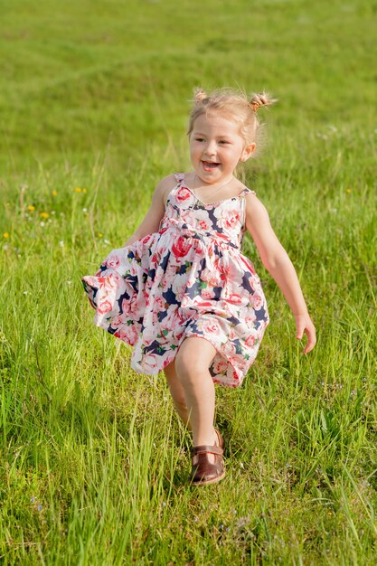 Een gelukkig meisje in zomerjurk met pigtails uitgevoerd in een groen veld