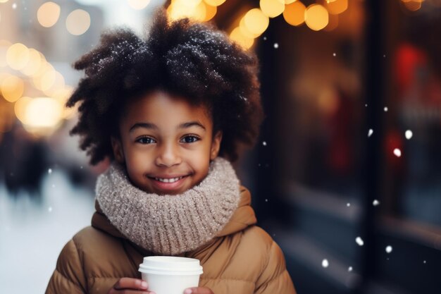 een gelukkig modern Afrikaans-Amerikaans kind meisje met een beker glas warm drankje in het winterseizoen op de achtergrond van de sneeuw stad