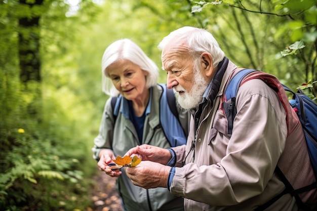Een gelukkig seniorenpaar dat in de natuur aan het geocachen is met een gps gemaakt met generatieve ai