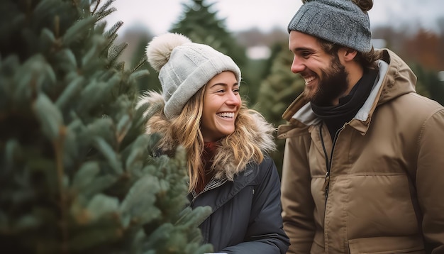 Een gelukkig stel kiest een kerstboom op de markt op oudejaarsavond of Kerstmis