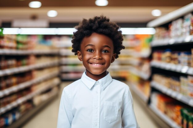 een gelukkige Afrikaans-Amerikaanse kind jongen verkoper adviseur op de achtergrond van planken met producten in de winkel