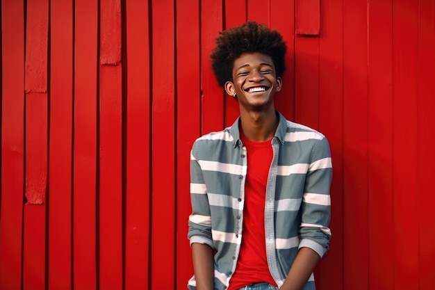 Een gelukkige Afro-Amerikaanse tiener op een rode muur