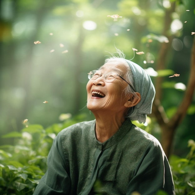 Een gelukkige Aziatische oma in een groene tuin