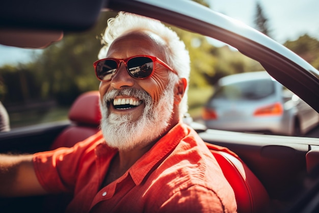 Een gelukkige baardige oudere man geniet van een zomere road trip