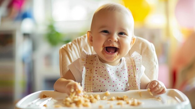 een gelukkige baby zit in een hoge stoel en eet