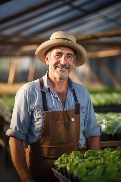 Een gelukkige boer die in een landbouwkas werkt