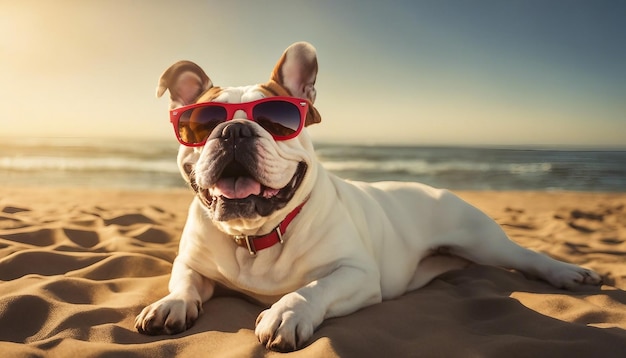 Een gelukkige bulldog met een zonnebril onder het verzonken Californische strand.