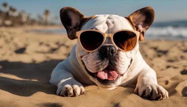 Een gelukkige bulldog met een zonnebril onder het verzonken Californische strand.
