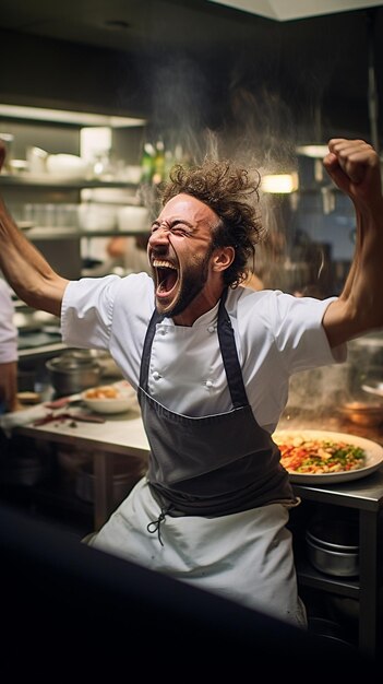 Foto een gelukkige chef-kok koken en vieren