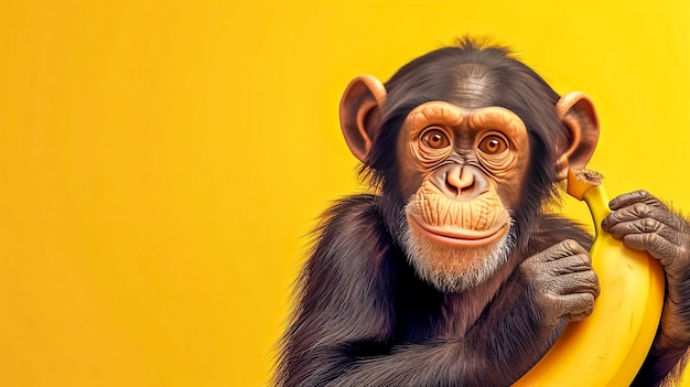 Foto een gelukkige chimpansee die een banaan vasthoudt met een gele achtergrond.