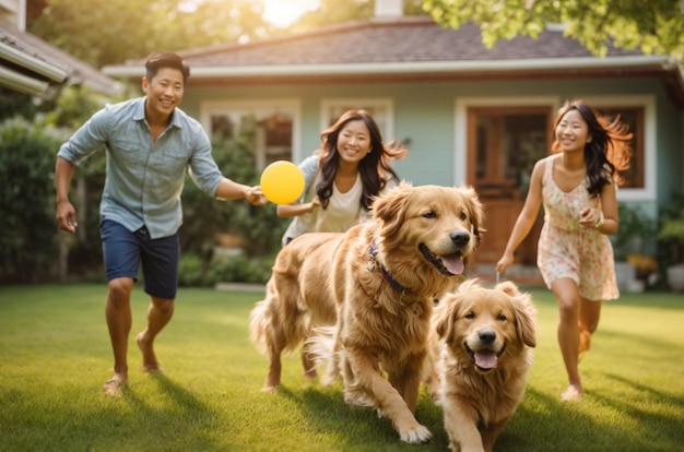 Een gelukkige familie speelt met een golden retriever in de voortuin