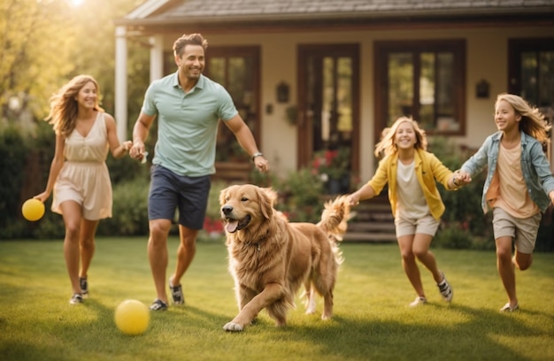 Een gelukkige familie speelt met een golden retriever in de voortuin