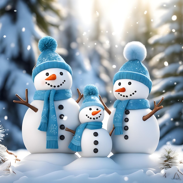 Foto een gelukkige familie van sneeuwman met blauwe sjaals en petten in een winter dennenbos