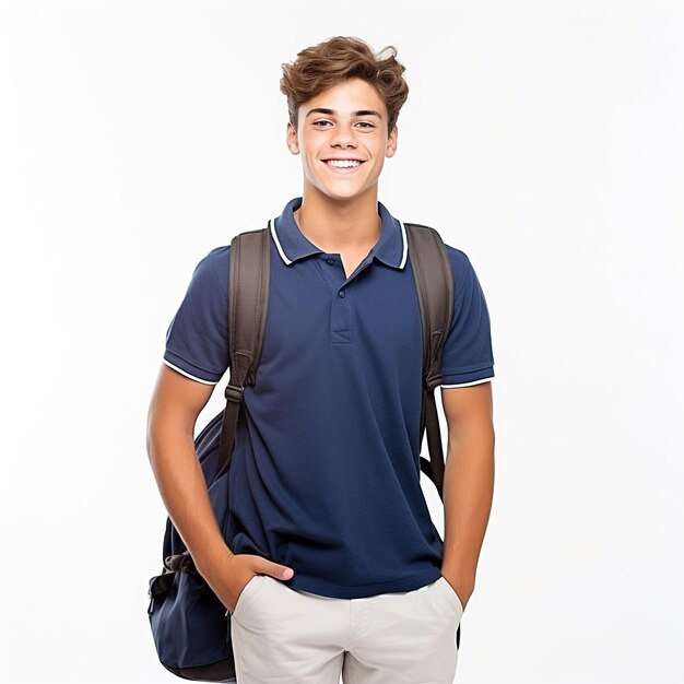 Een gelukkige glimlachende 18-jarige man in schoolkleding met een rugzak op een witte achtergrond