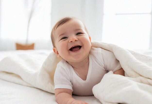 Een gelukkige glimlachende baby met blond haar op een witte deken.