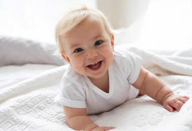 Een gelukkige glimlachende baby met blond haar op een witte deken.