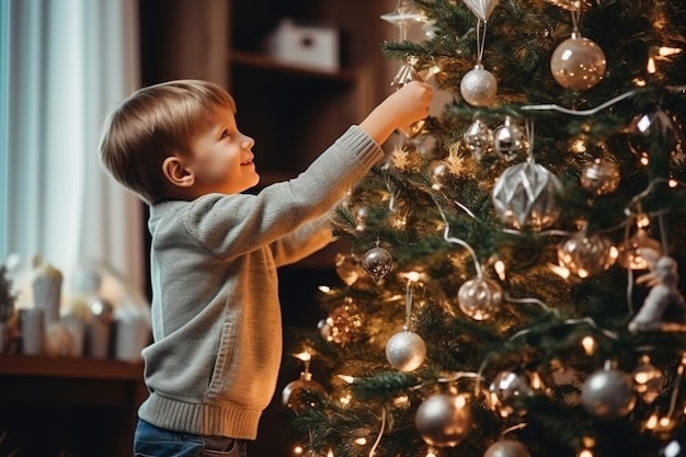 Een gelukkige glimlachende jongen siert een kerstboom