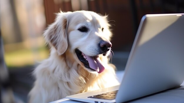 Een gelukkige golden retriever hond kijkt naar een laptop voor hem thuis