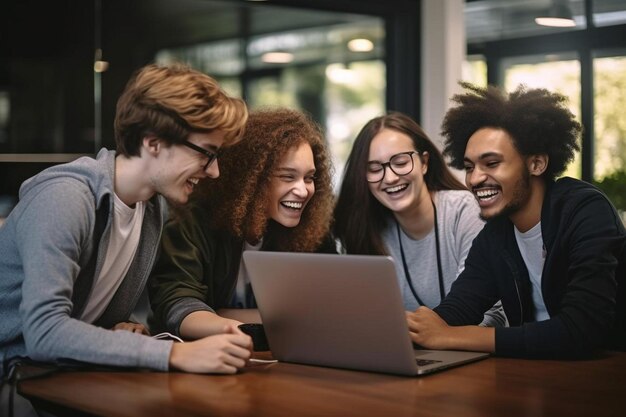 een gelukkige groep studenten die samen werken aan een studieproject in de universiteitsbibliotheek