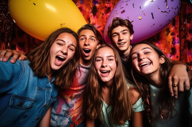 Een gelukkige groep tieners die een verjaardag vieren.