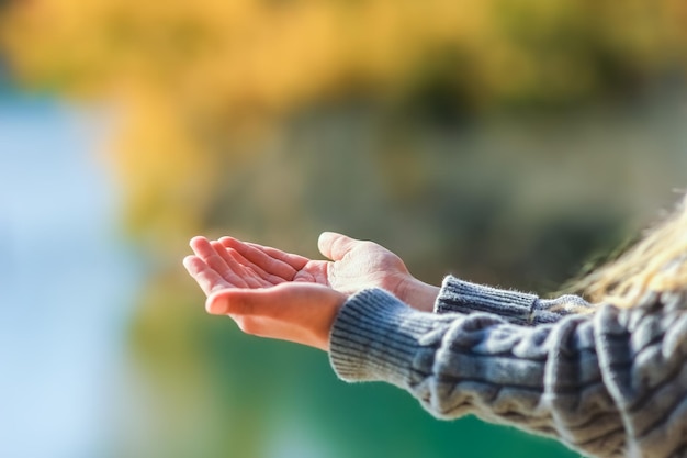 Een gelukkige handen van een kind op de natuur in het park reizen