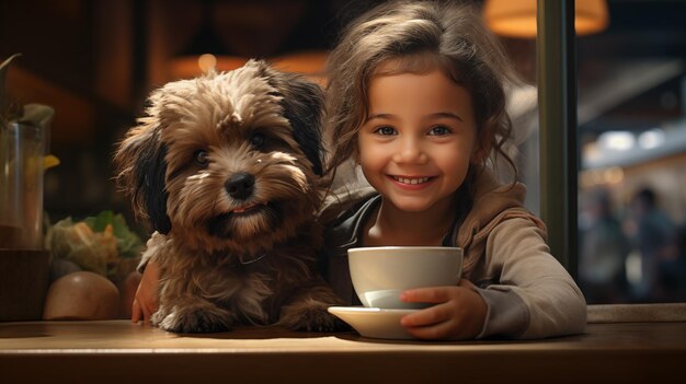 Een gelukkige harige hond een terrier en een klein meisje zitten aan een houten tafel in een restaurant