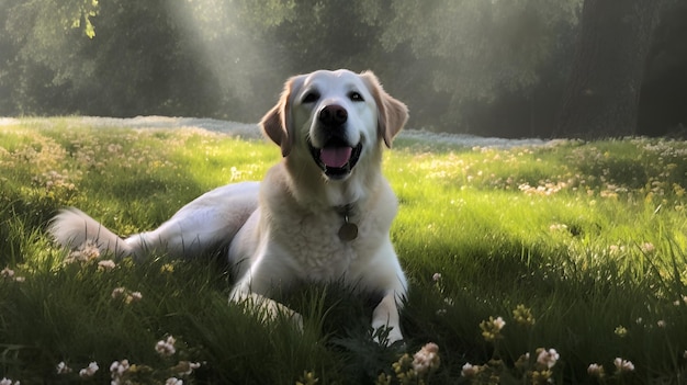 Foto een gelukkige hond in een wild bos met veel bomen en bloemen