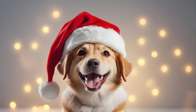 Een gelukkige hond met een rode kerstmanhoed die vrolijk rechtstreeks naar de camera kijkt.