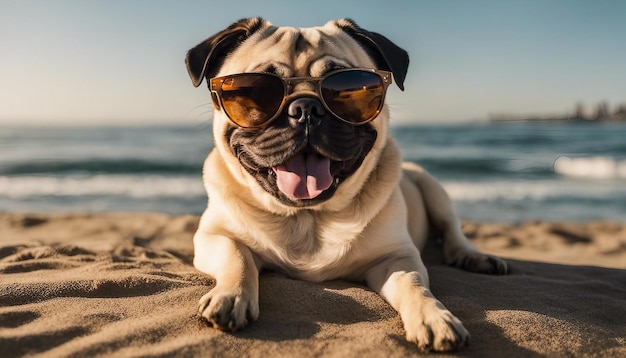 Een gelukkige hond met een zonnebril onder het verzonken Californische strand.