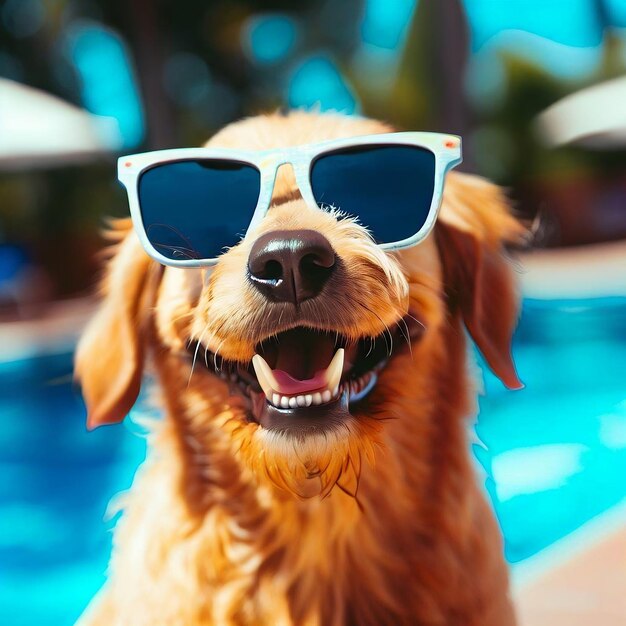 Een gelukkige hond op vakantie bij het zwembad met een zonnebril op