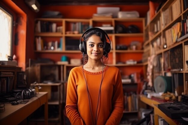 Foto een gelukkige indiase vrouw in koptelefoon op de achtergrond van planken met muziekapparatuur in de kamer
