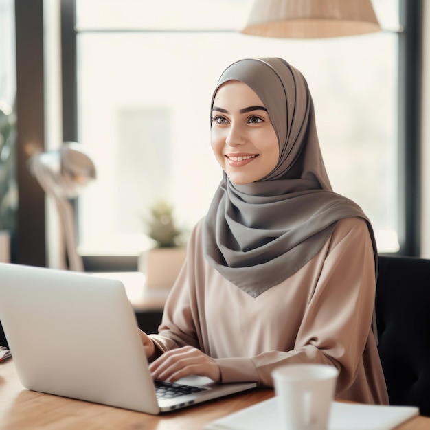 Een gelukkige islamitische zakenvrouw in hijab op kantoor, een glimlachende Arabische vrouw die op een laptop werkt in een modern kantoor.