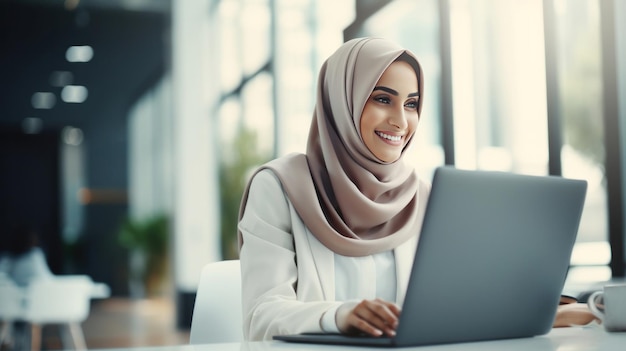 Een gelukkige islamitische zakenvrouw in hijab op kantoor, een glimlachende Arabische vrouw die op een laptop werkt in een modern kantoor.