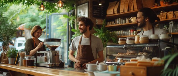 Een gelukkige jonge barista praat en geeft advies over het drinken van koffie in een koffieshop