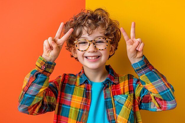 Foto een gelukkige jonge jongen met een bril geïsoleerd op een heldere achtergrond