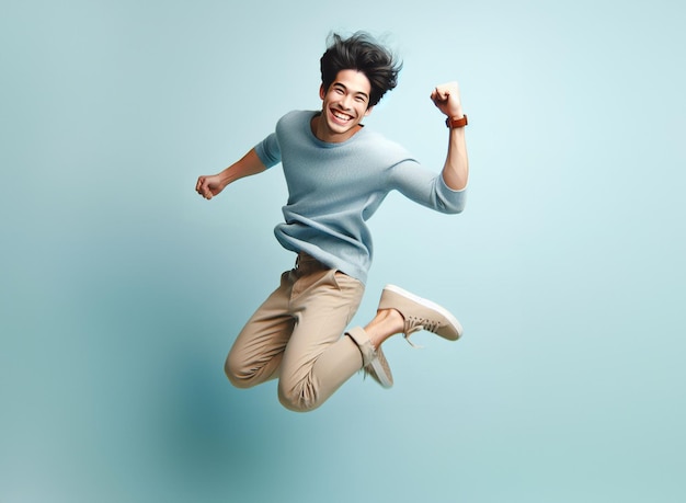 een gelukkige jonge man in een blauw shirt springt in de lucht met zijn armen uit opwinding geïsoleerd