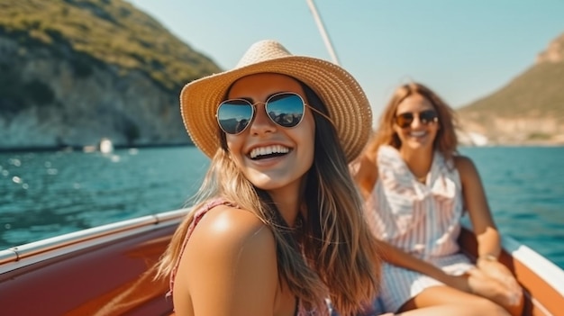 Een gelukkige jonge vrouw rijdt op een motorboot met haar vrienden op een zonnige dag The Generative AI