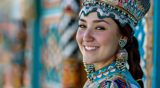 Een gelukkige Kazachse vrouw in traditionele kleding viert nowruz nowruz foto